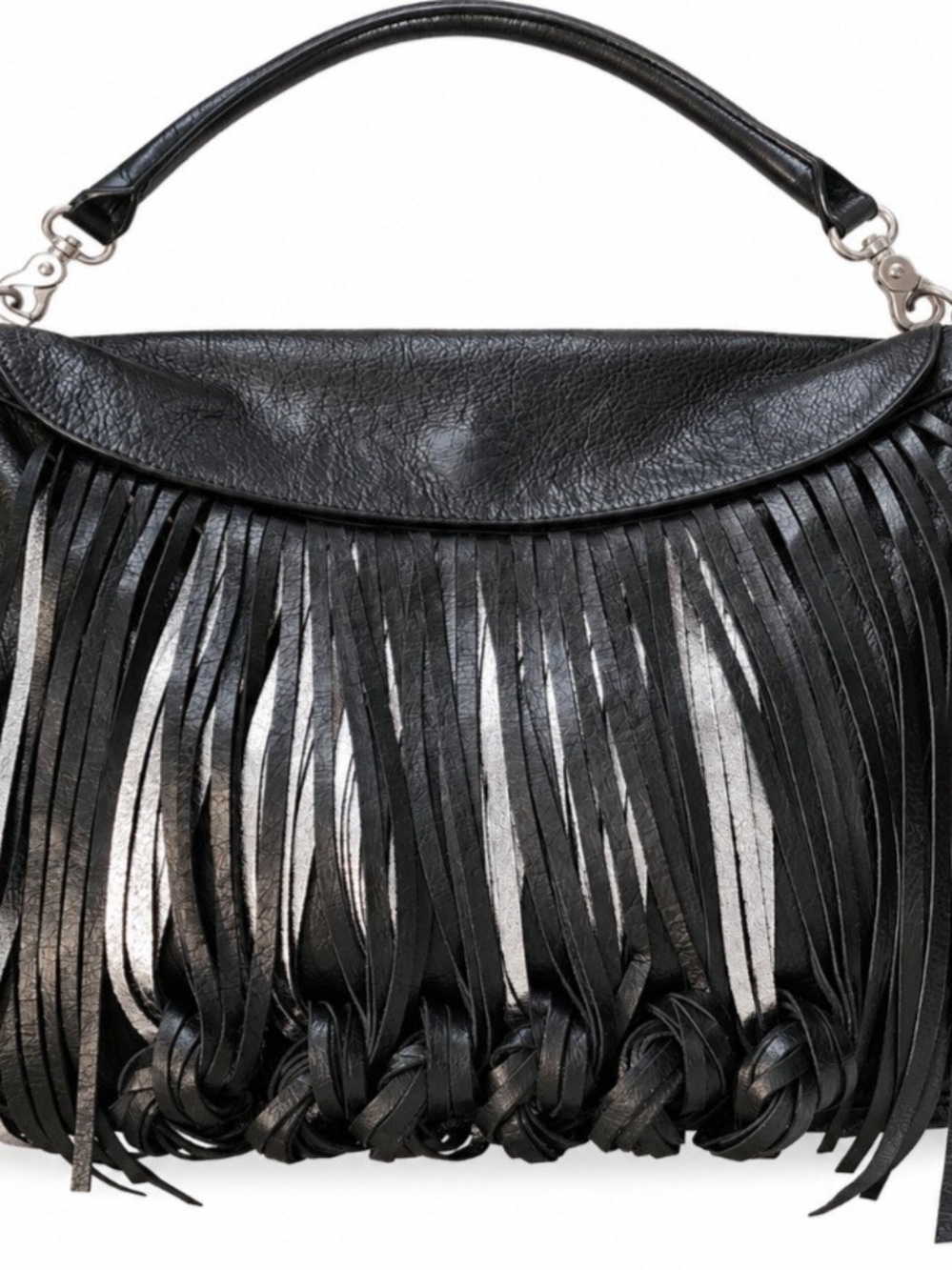 Katherine Kwei Black Leather Fringe Knotted Hobo Shoulder Bag